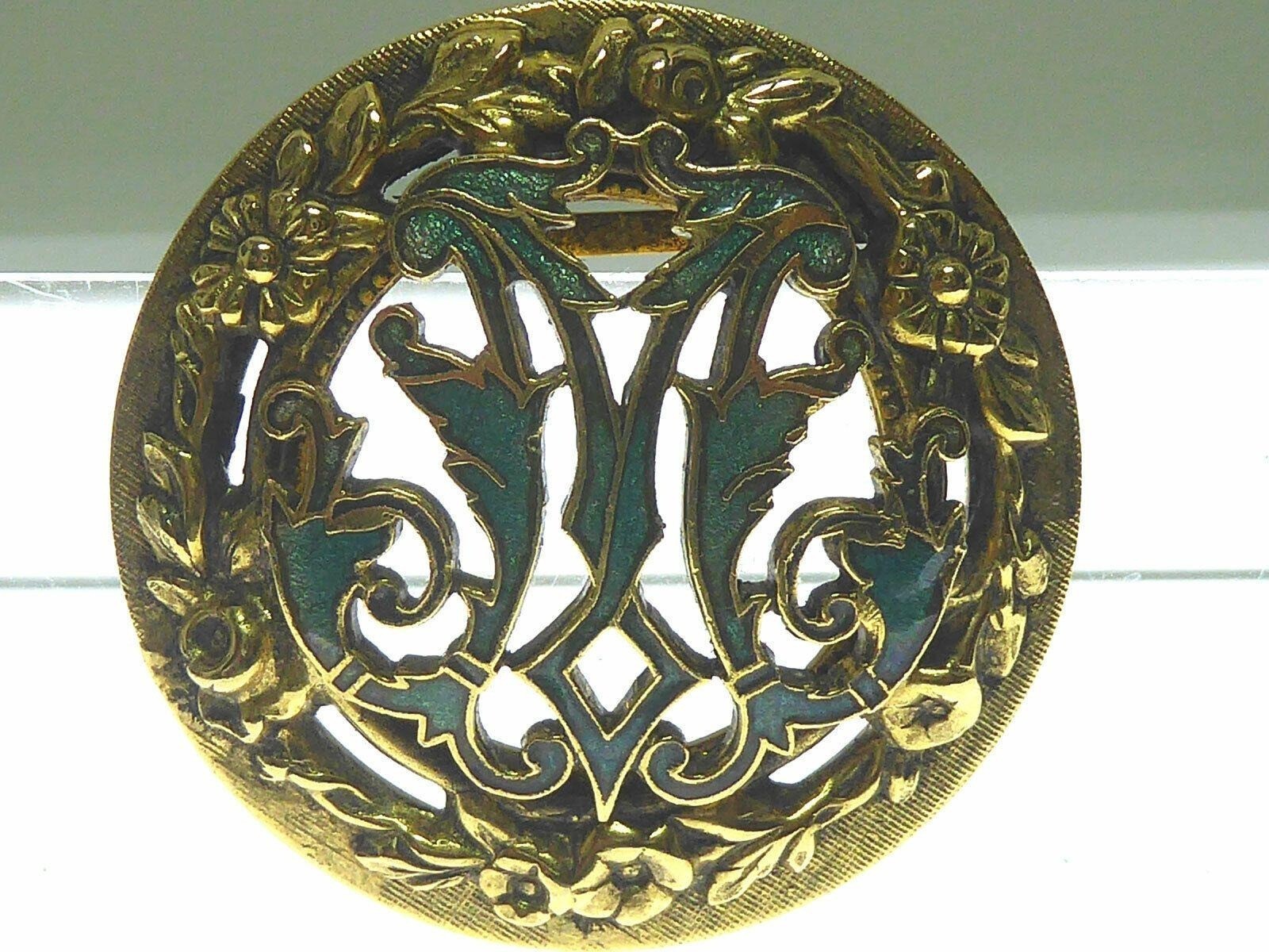 Vintage Freirich Gold Tone Brooch Green Enamel Monogram Colonial Williamsburg CW