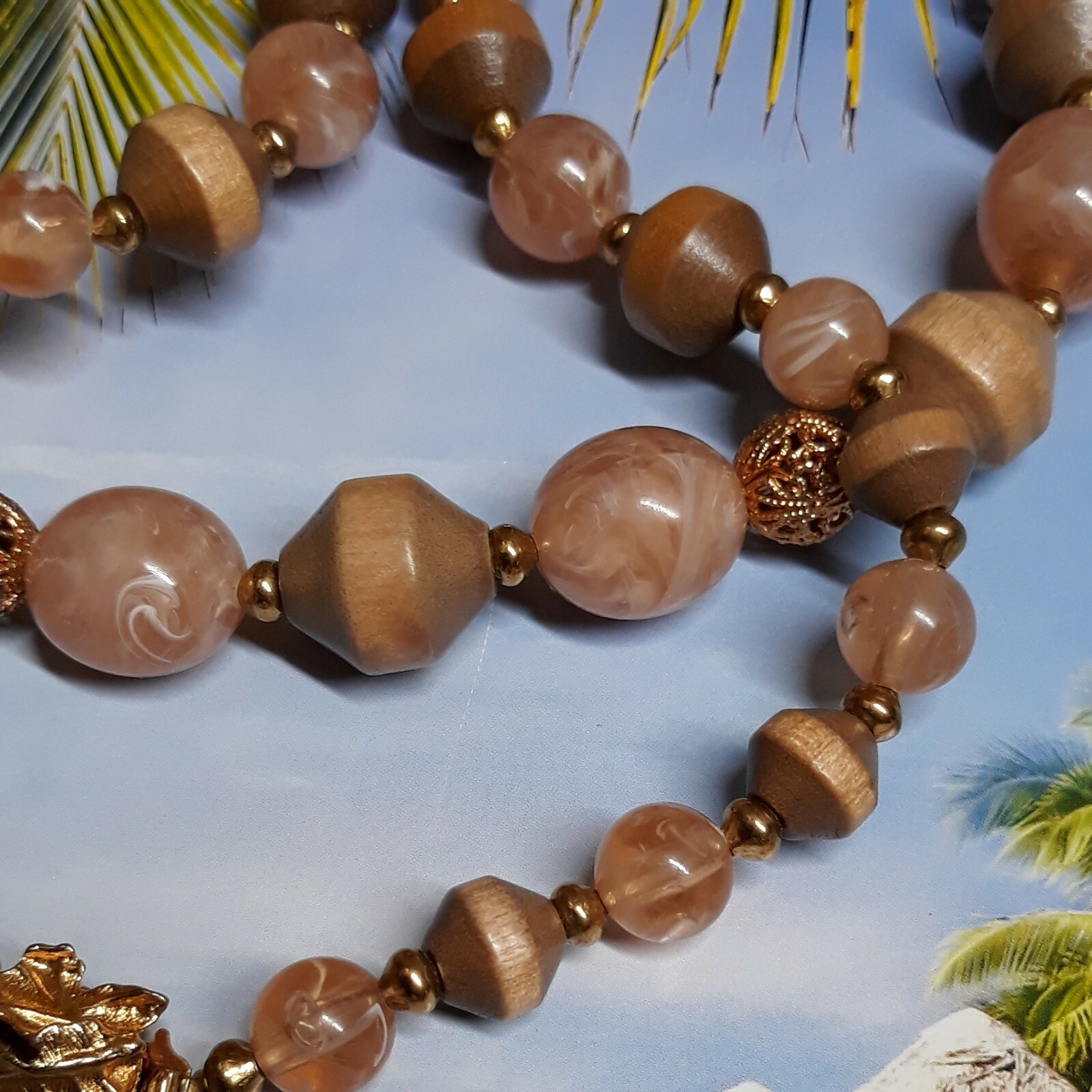 Peach and Tan Wood and Lucite Bead Necklace with Gold Tone Filigree Accent Beads