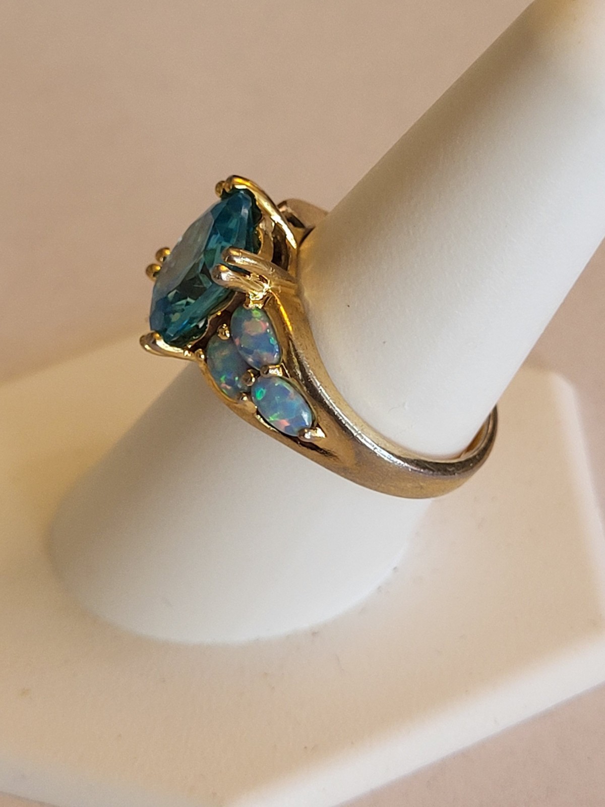 Sterling Silver Vermeil Aqua Blue Gemstone & Opal Bracelet Ring Necklace Parure