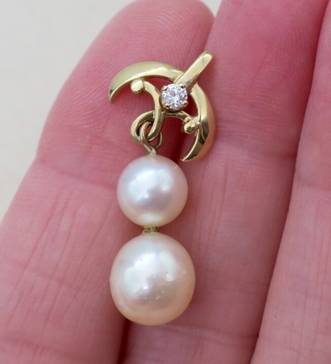 14k Gold ~ MIKIMOTO 2 PEARL & DIAMOND PENDANT ~ Hallmarked