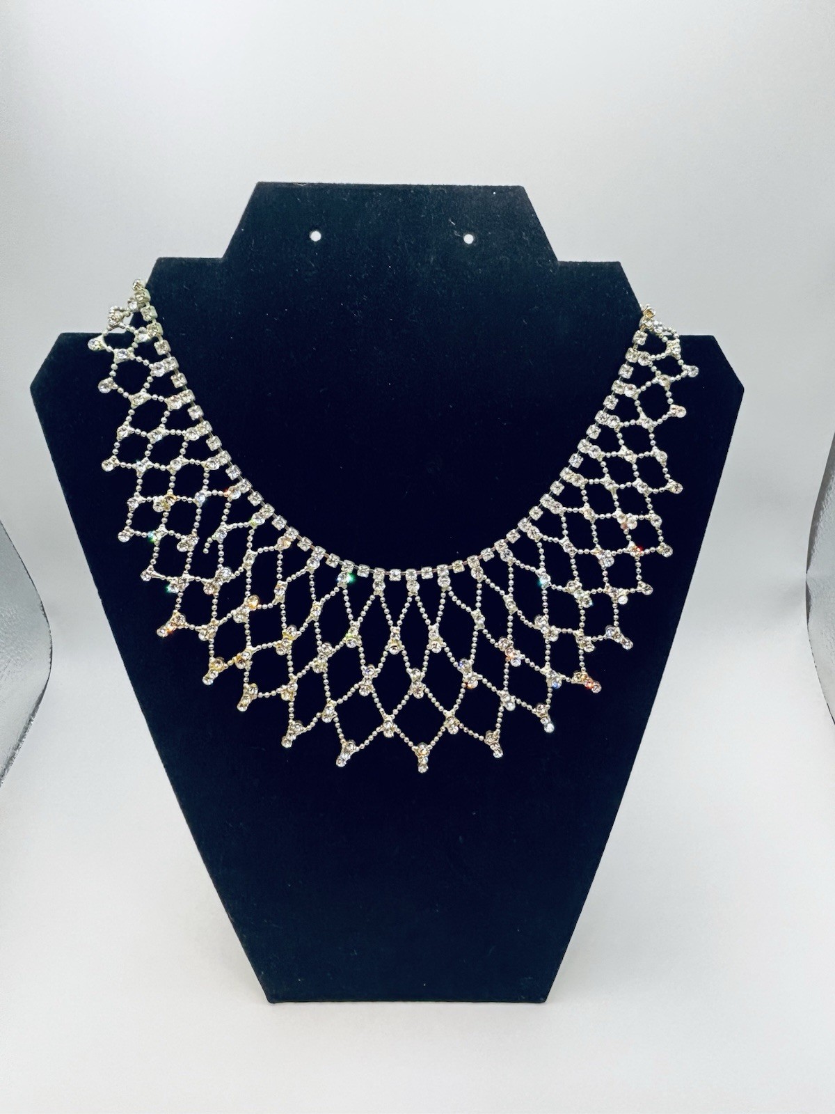 Vintage Rhinestone Bib Collar Necklace Silver Tone Drape Lattice Statement