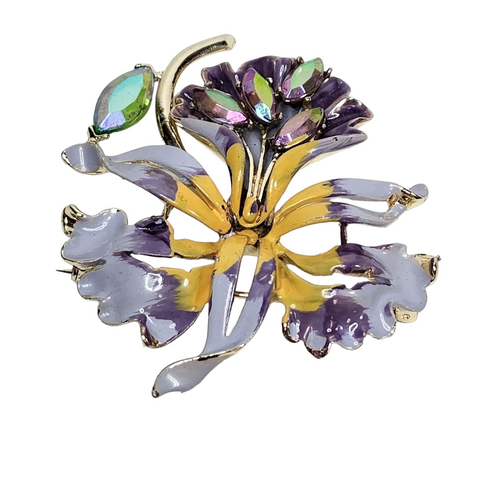 Vintage Signed B.S.K. Orchid Brooch Enamel Glass Crystal Purple Brooch Pin
