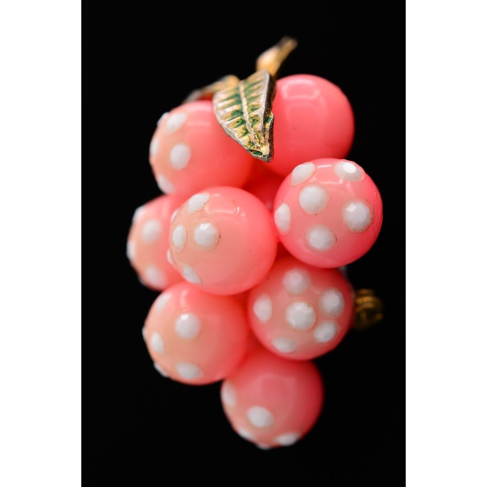 Vintage Glass Grapes Pin Brooch Pink White Polka Dot Crystal Antique 1960s BinAJ