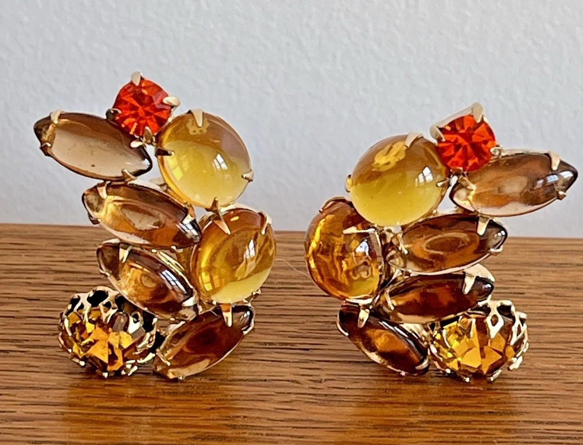Vintage Rhinestone Earrings Brown Fall Colors Cupcake Setting Open Back
