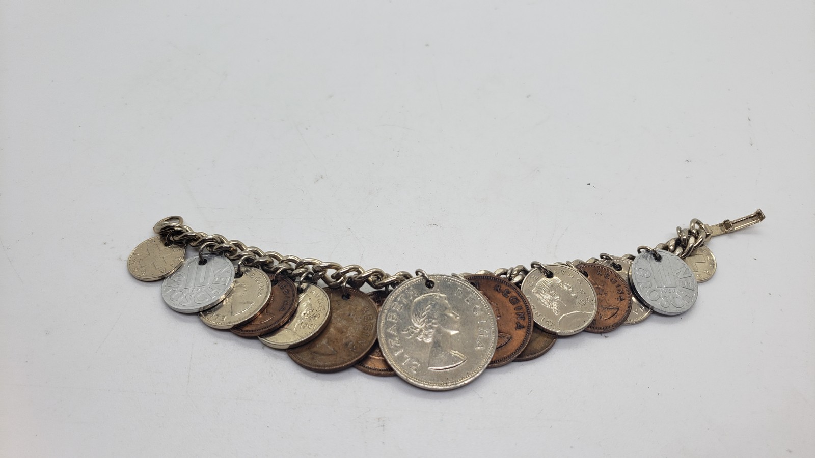 Vintage Coin Charm Bracelet Souvenir Mixed Coins Queen Elizabeth Regina Collect