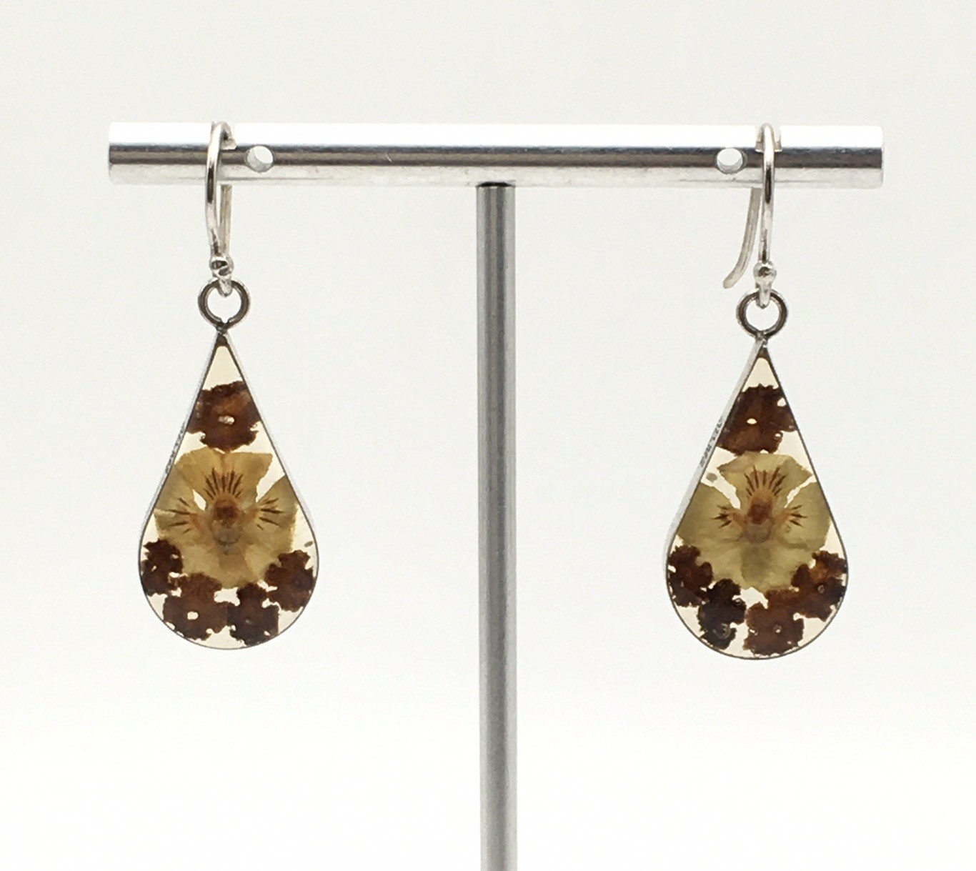 Sterling Silver ATI Dried Flower Resin Teardrop Dangle Earrings 925 Mex 4.5g #61