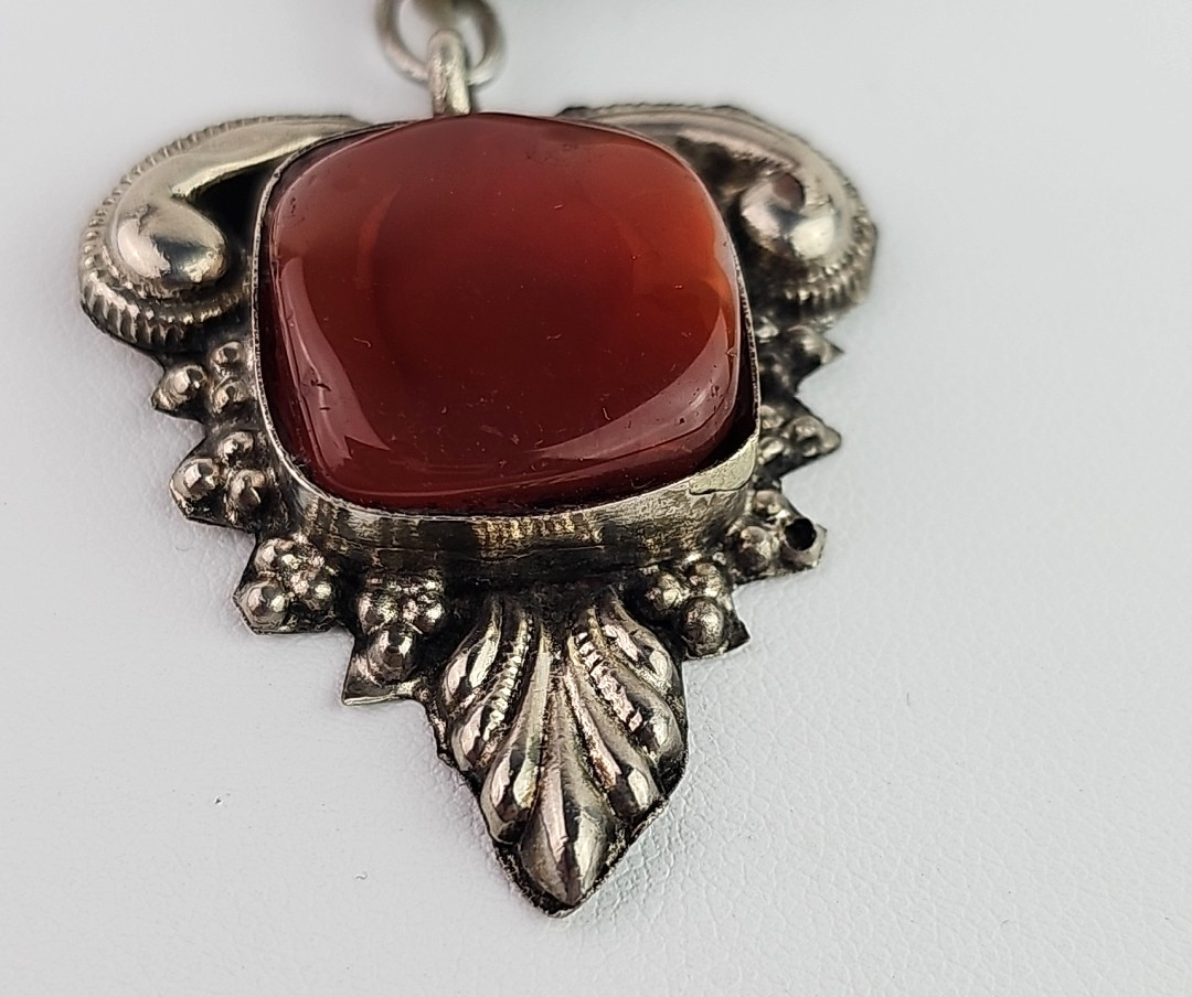 Vintage Ethnic Style Dangle Brooch Silver Tone Glass Cabochon 1930s to 1950s