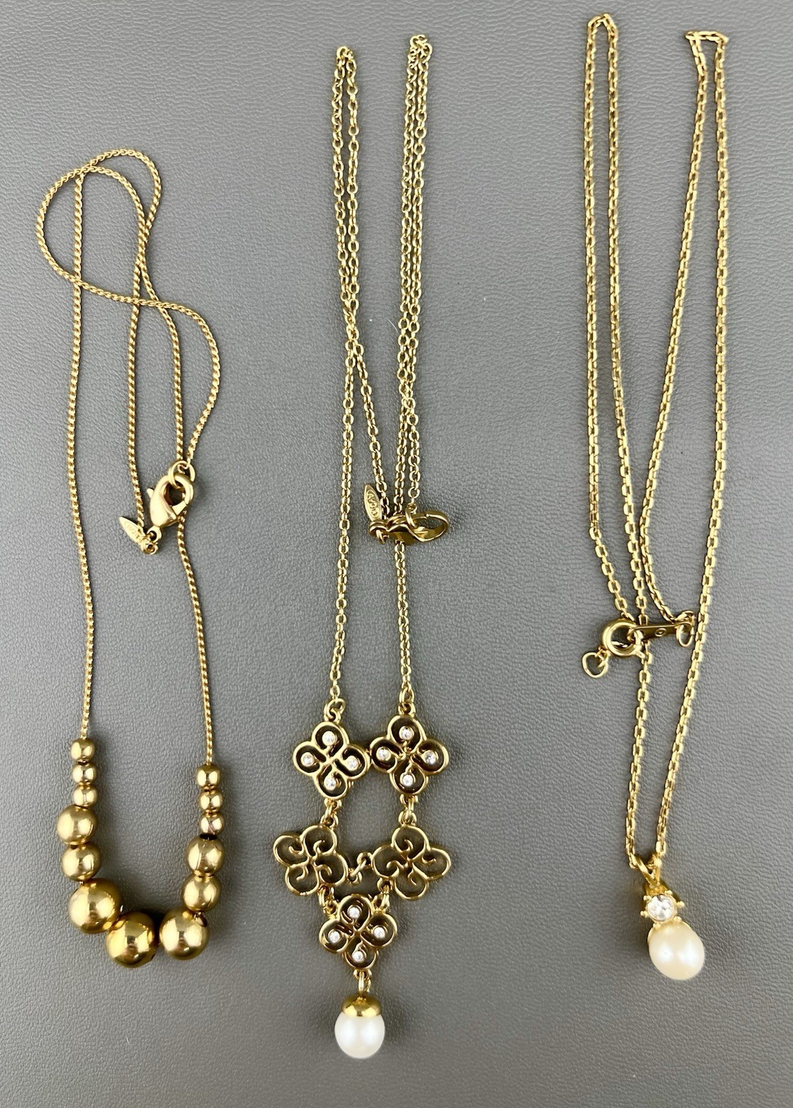 Vintage Avon Necklace Lot Gold Tone Ball Bead Slide Rhinestone Faux Pearl Signed