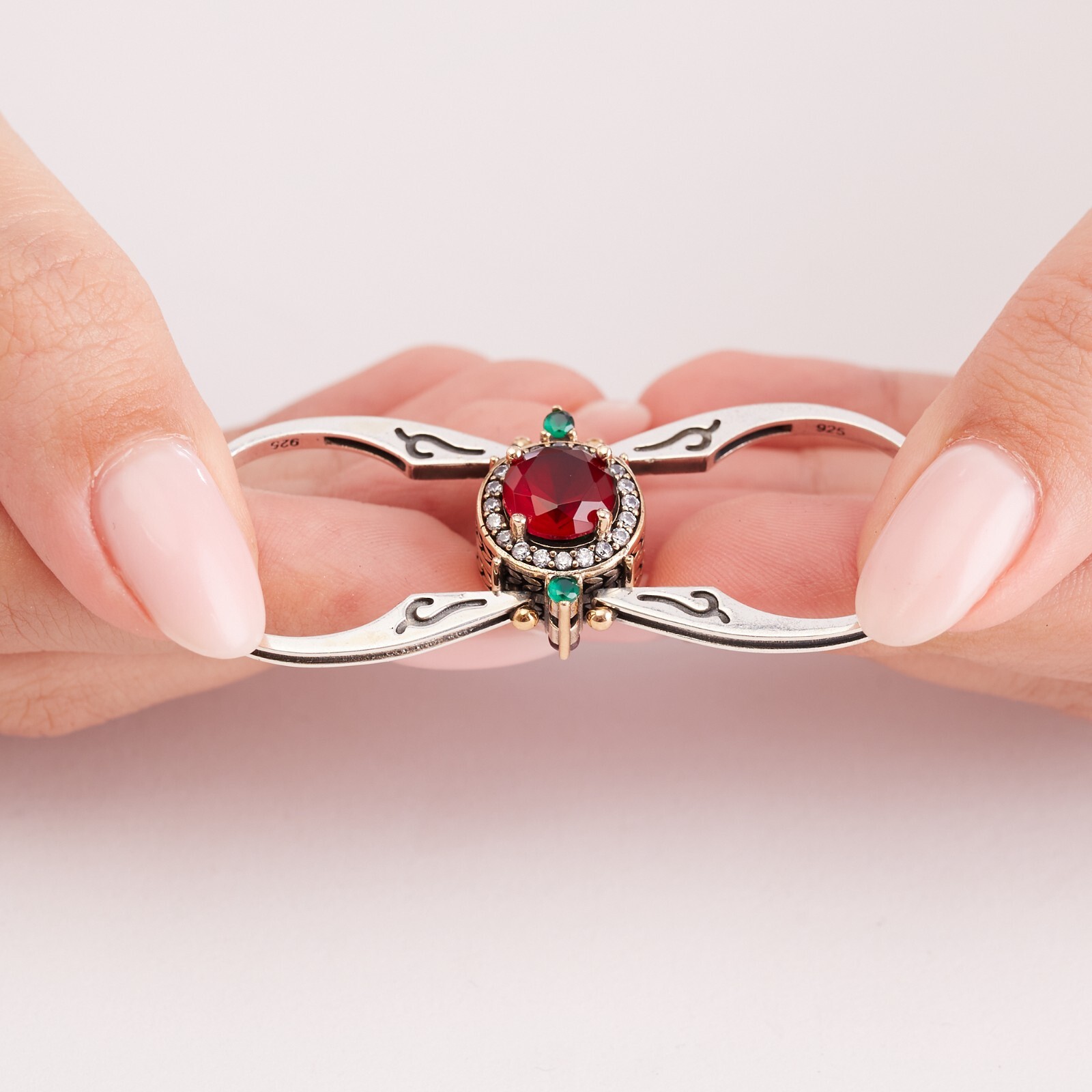 Turkish Reversible Round Emerald and Ruby Topaz 925 Sterling Silver Ring