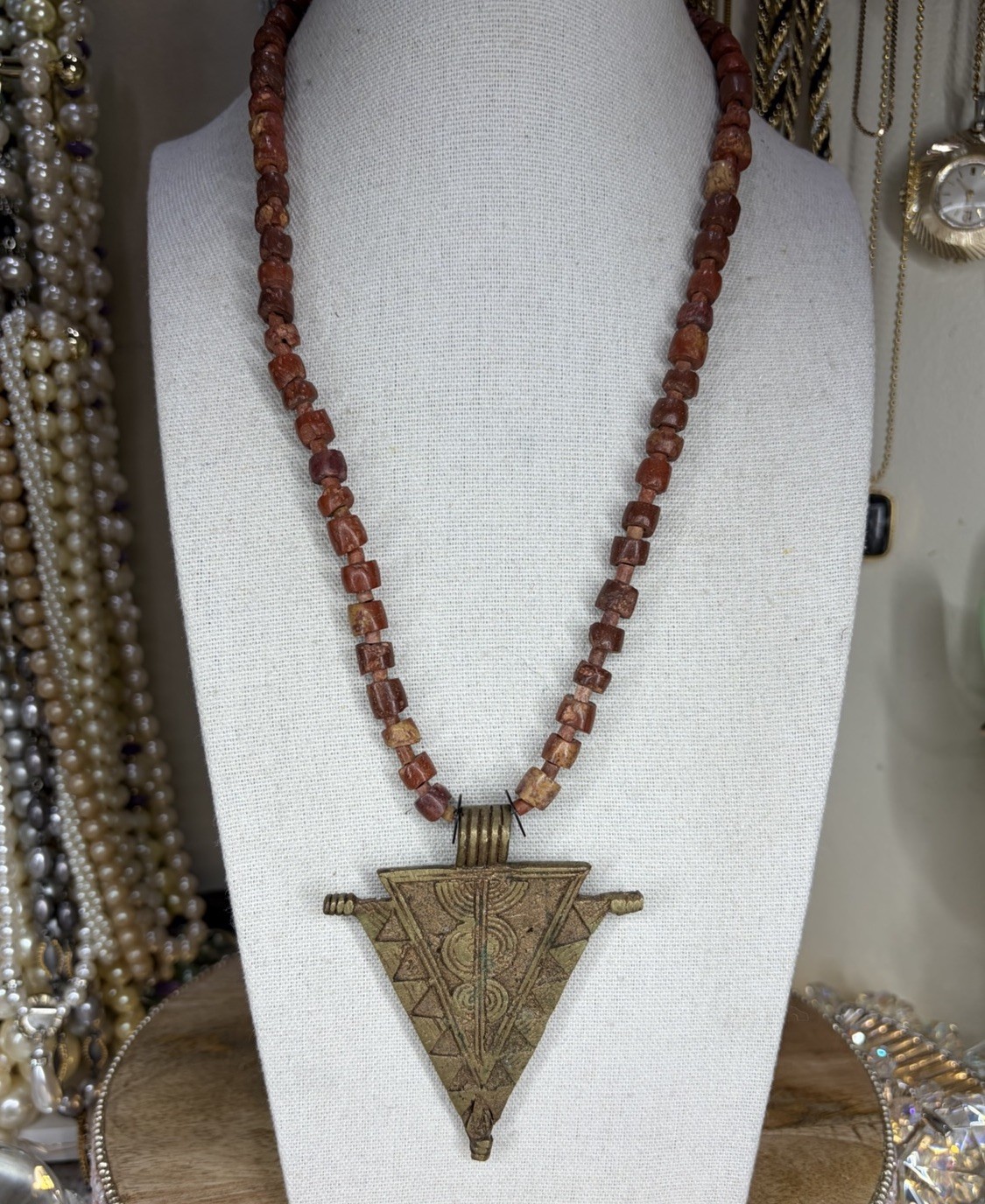 Vintage Orena Paris Tribal Necklace Stone Jewelry Brass Geometric Pendant