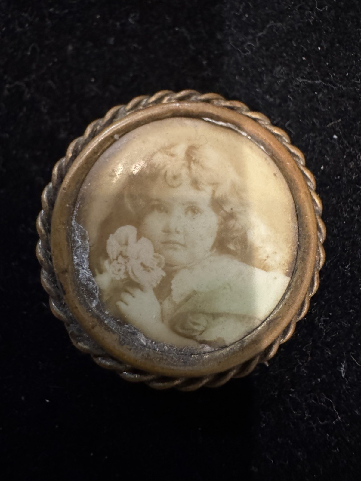 Antique Round Portrait Brooch Brass Frame Young Girl Flowers C Clasp