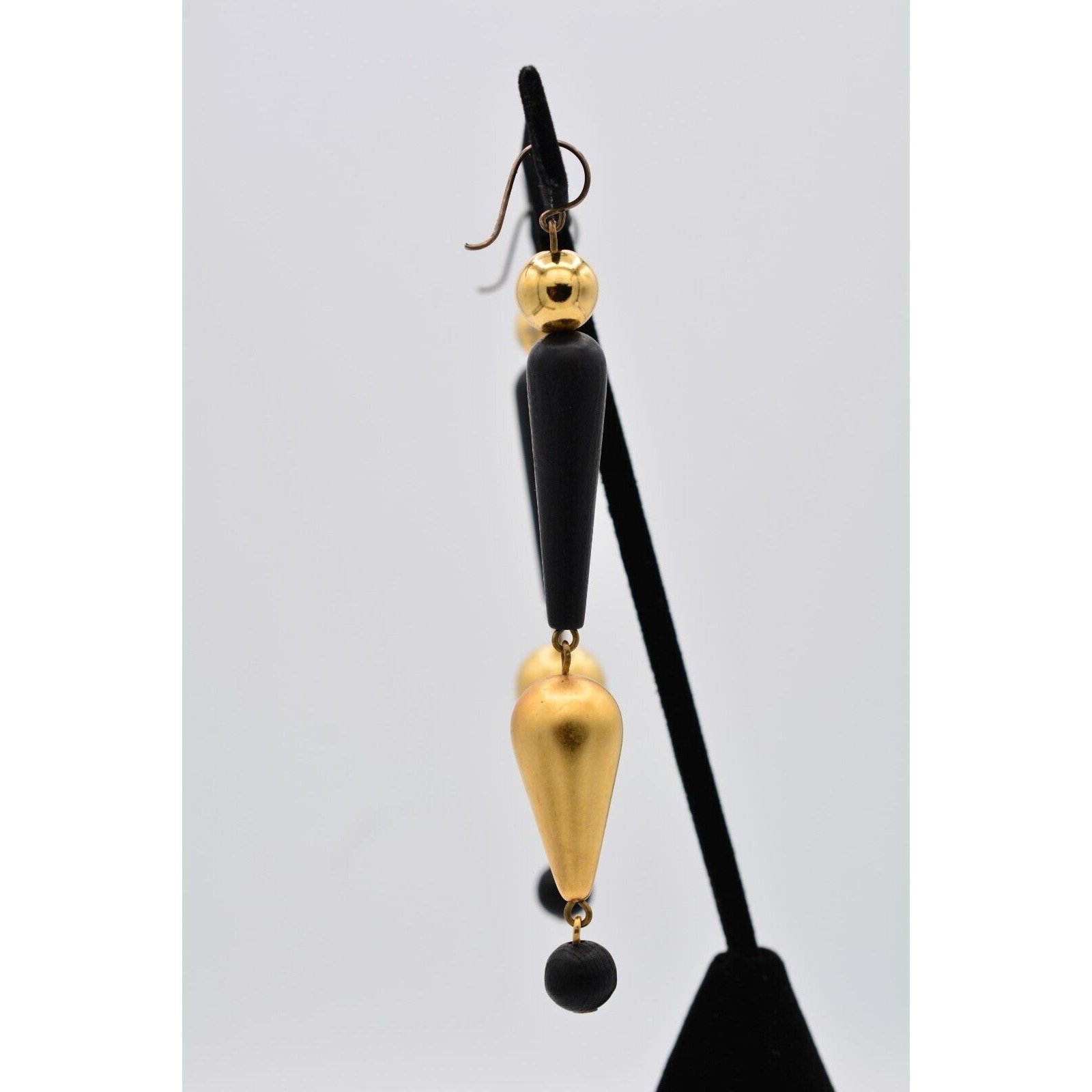Vintage Dangle Earrings Black Beaded Brushed Gold Matte Drop Chunky 1990s BinAV