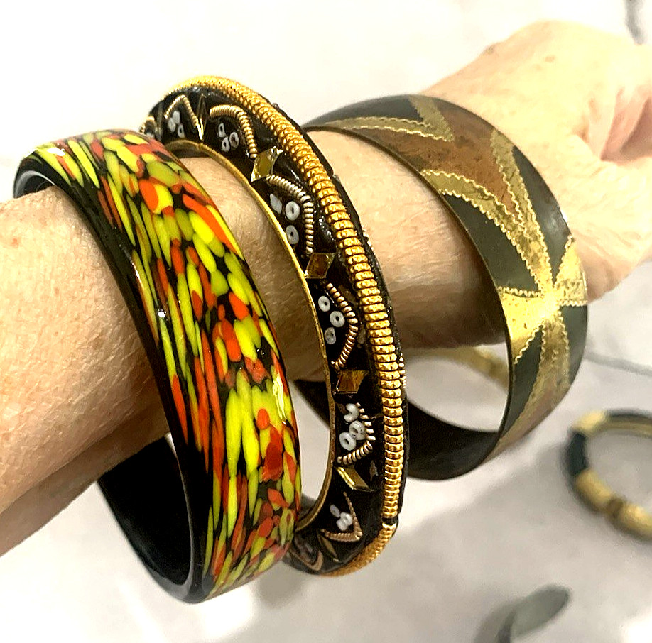 Lot of 9 1980’s Costume Bangle Cuff & Hinged Bracelets India Leonard Pewter +