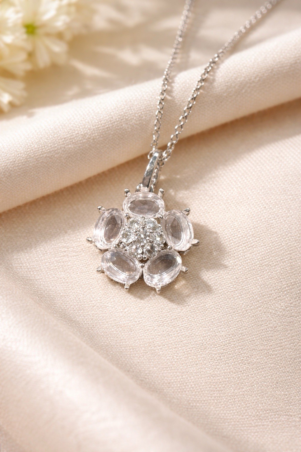 Silver Tone Floral Pendant Necklace Pink Stone Cluster Vintage Style