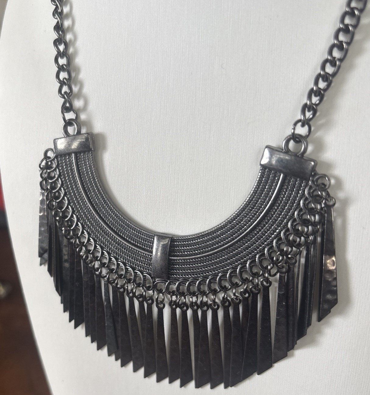 Vintage Brutalist Gun Metal Fringe Collar Necklace Bib Statement Ethnic Boho