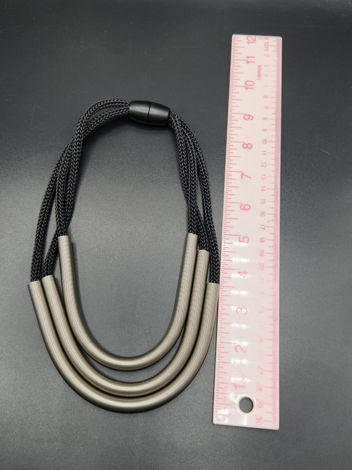 Modernist Multi Strand Black Mesh Woven Cord Necklace With Silver Tone Tubes