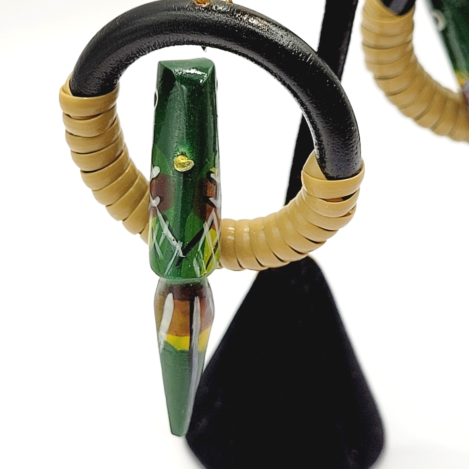 Parrot Macaw Tropical Hand Painted Carved Bird on Hoop Hook Pierced Vtg Earrings