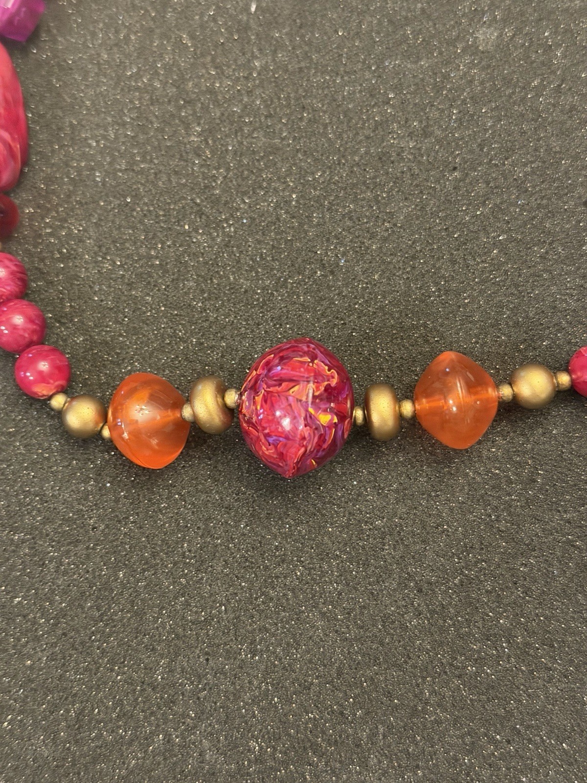 Vintage Magenta, Orange, Pink, Gold Glass, Beaded Necklace