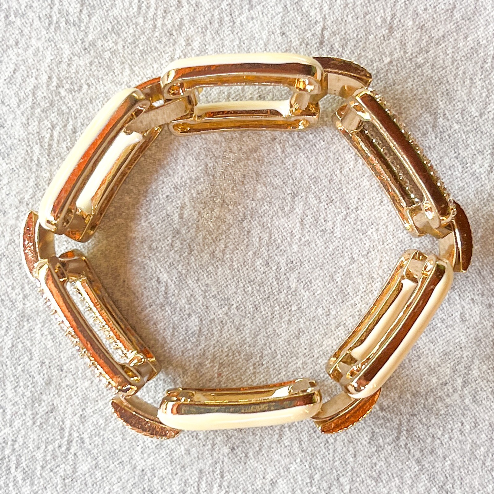 Vintage Ivory Enamel Gold Tone Link Bracelet Rhinestone Statement Chunky Deco