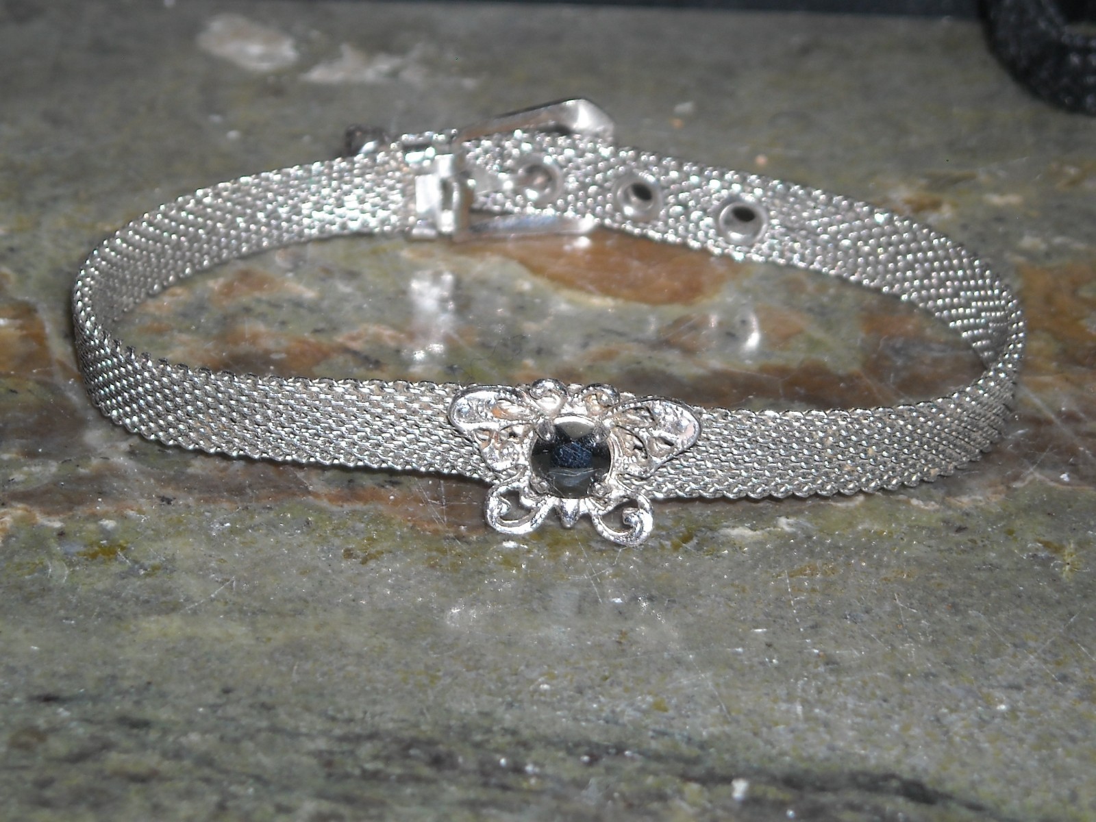 vintage silver tone non magnetic butterfly hematite mesh belt buckle bracelet
