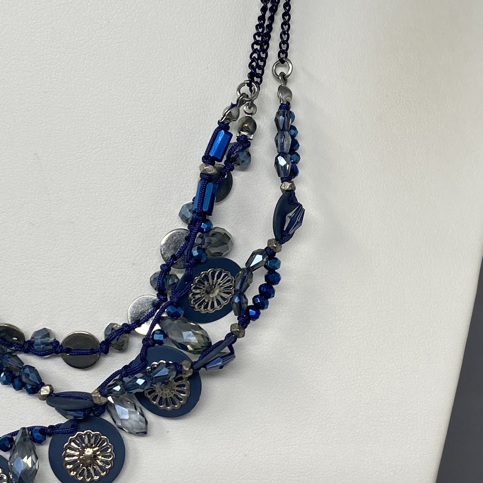 Blue Fringe Glass Beaded Necklace Layered Enamel Faceted Coated Bohemian 18″
