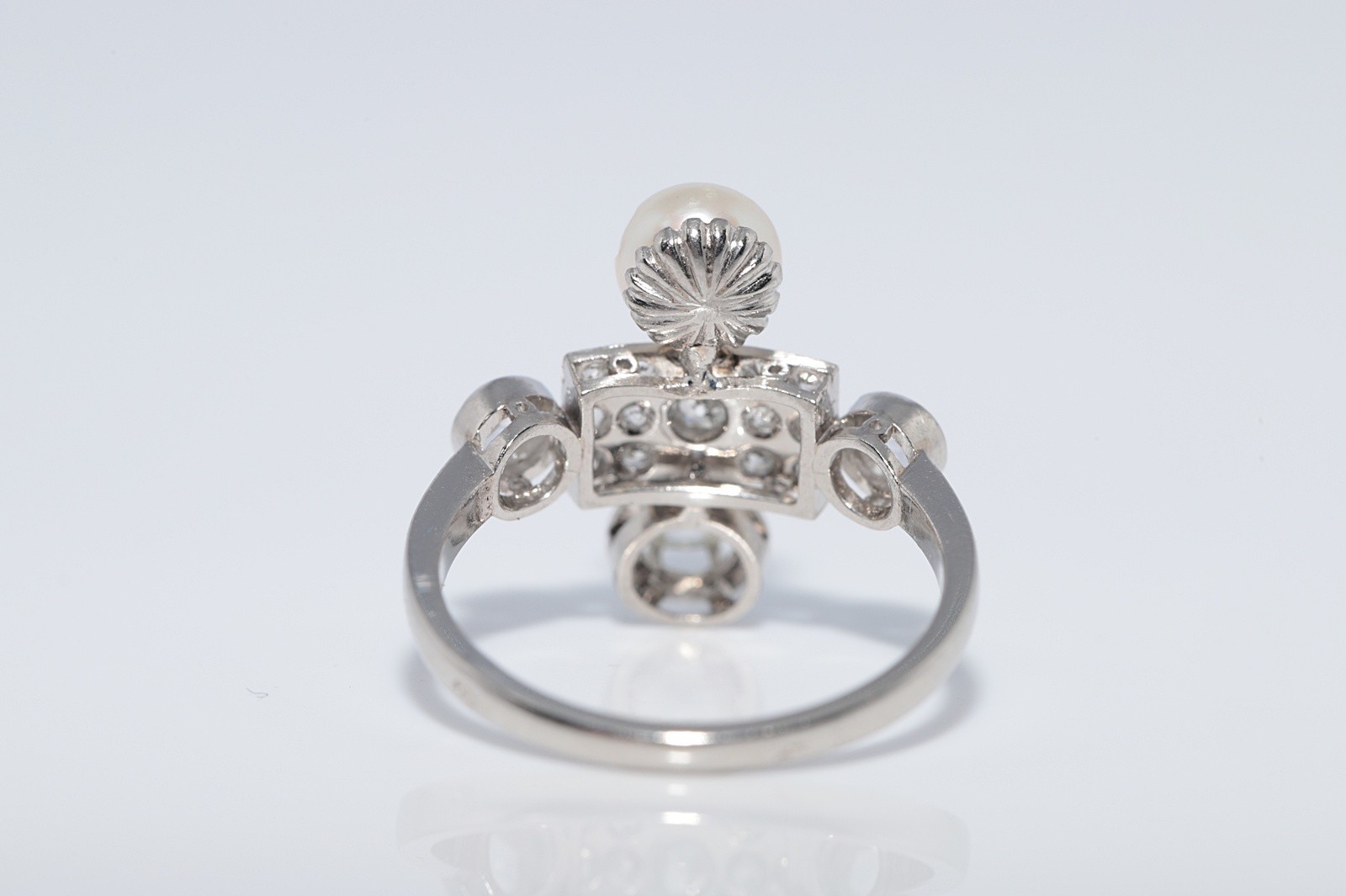 Antique Circa 1920s Platinum Art Deco Natural Diamond And Pearl Decorated Ring