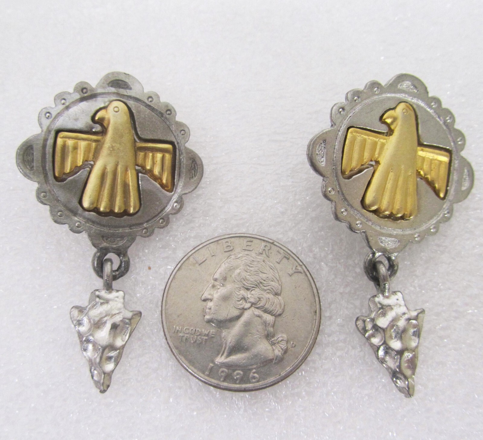 Vintage Thunderbird Earrings Brass Silver Southwest Arrowhead Pierced