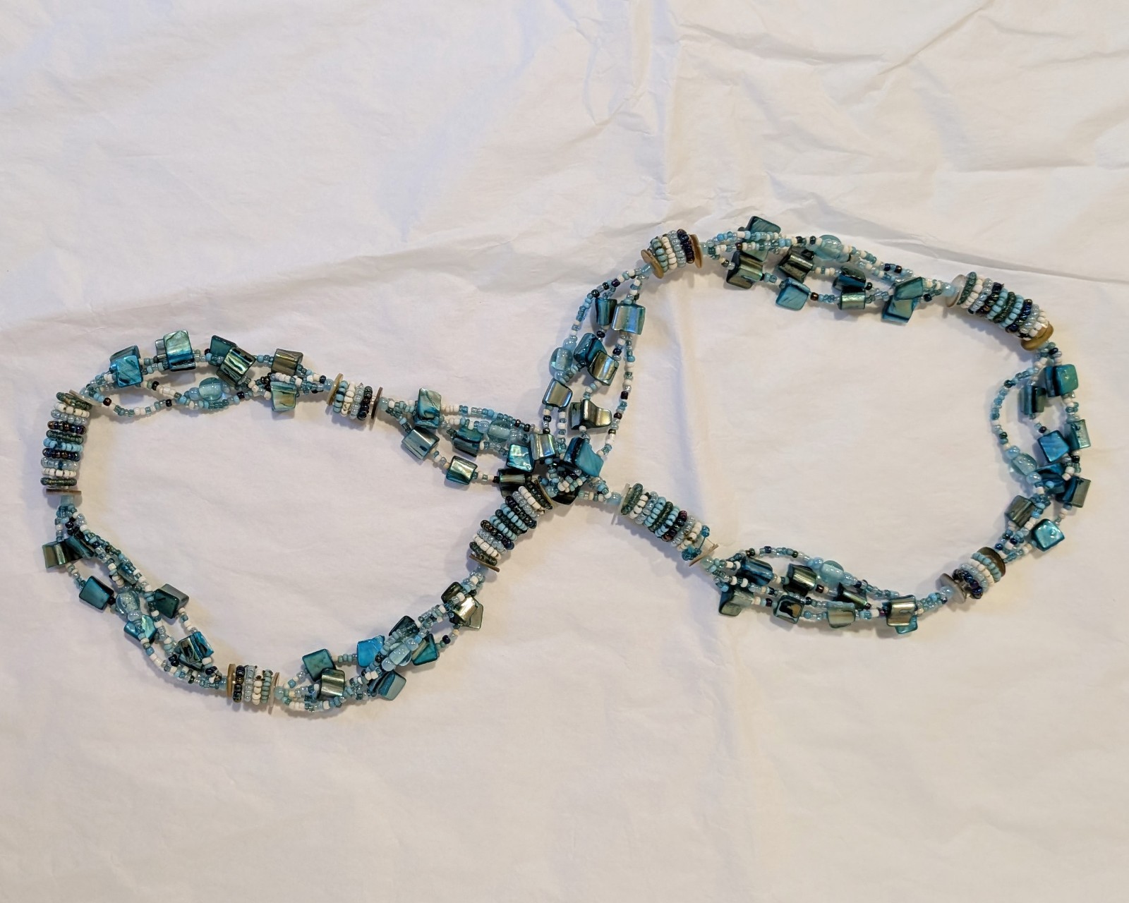 4 Strand Layered Necklace with Blue Dyed Abalone MOP and Glass Beads 30.5 inches