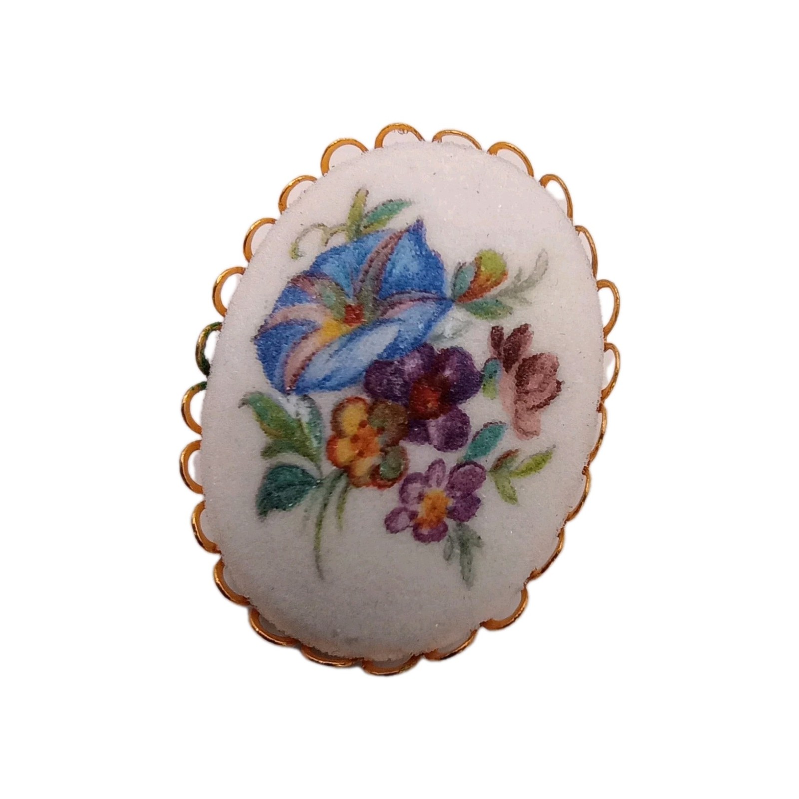 Vintage Floral Sugared Blue Morning Glory Brooch Gold Tone Scallop Pin 1 3/4 in