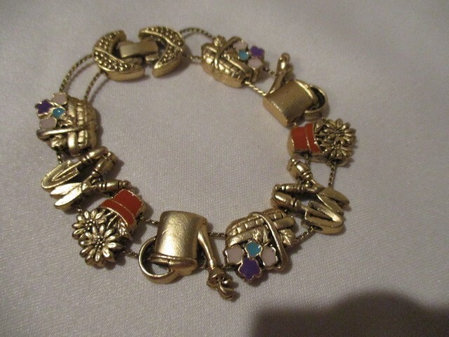 Vintage Brass & Enamel Gardening Slide Bracelet 7 1/4″ L x 3/4″ W