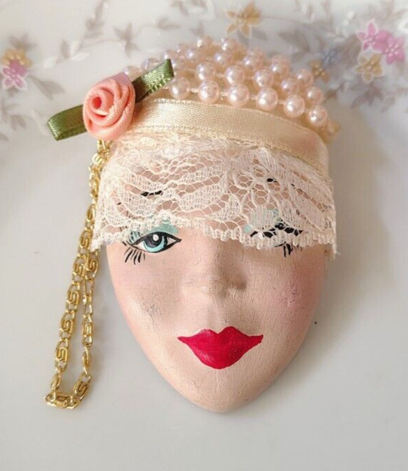 Vtg Retro Porcelain Painted Face Brooch Faux Pearl Peach Rose Lace Hat Red Lips