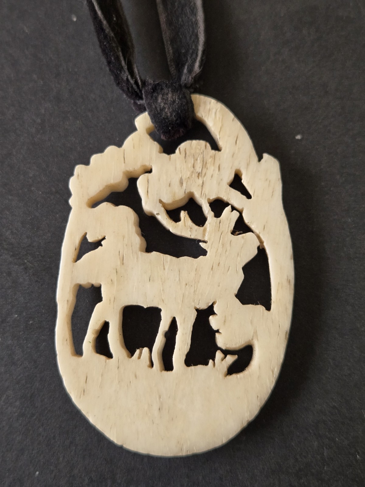 Antique Vintage Carved Antler Stag Elk Pendant w/ Leather 2 X 1 1/4 in.