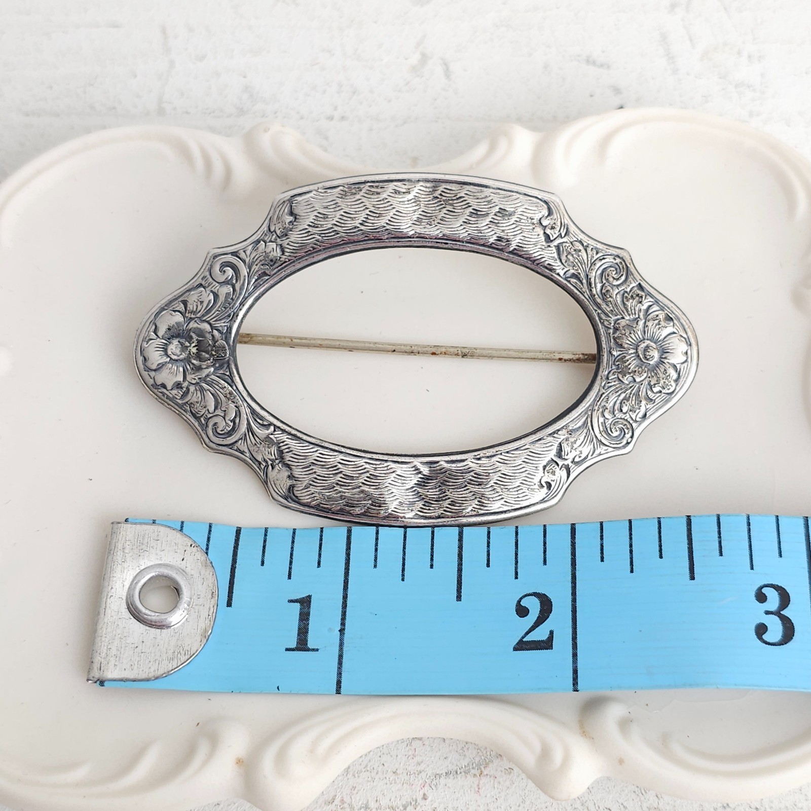 Vintage Antique Victorian Sterling Silver Top 925 Belt Buckle Brooch Pin C Clasp