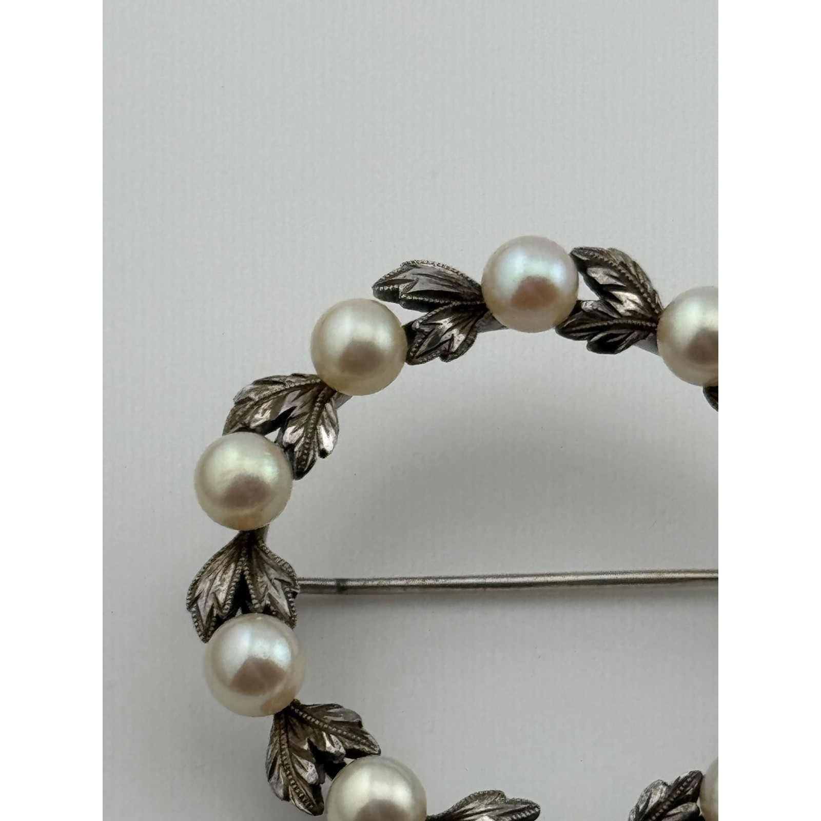 Vintage Mikimoto Wreath Brooch Sterling Silver Pearl Leaf Design Pin