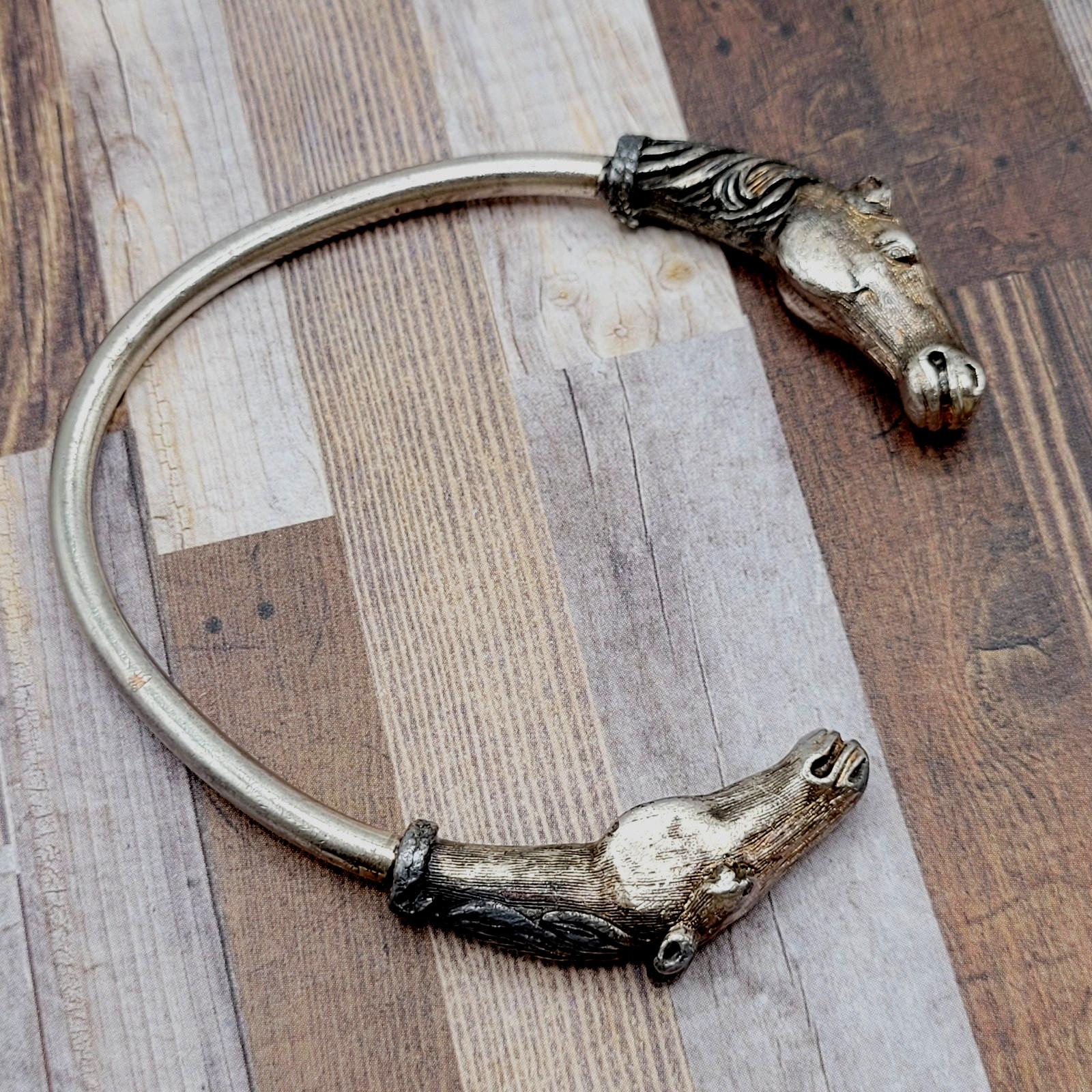 Double Horse Head Pewter Plated Copper w Patina Vintage 70s Torque Cuff Bracelet