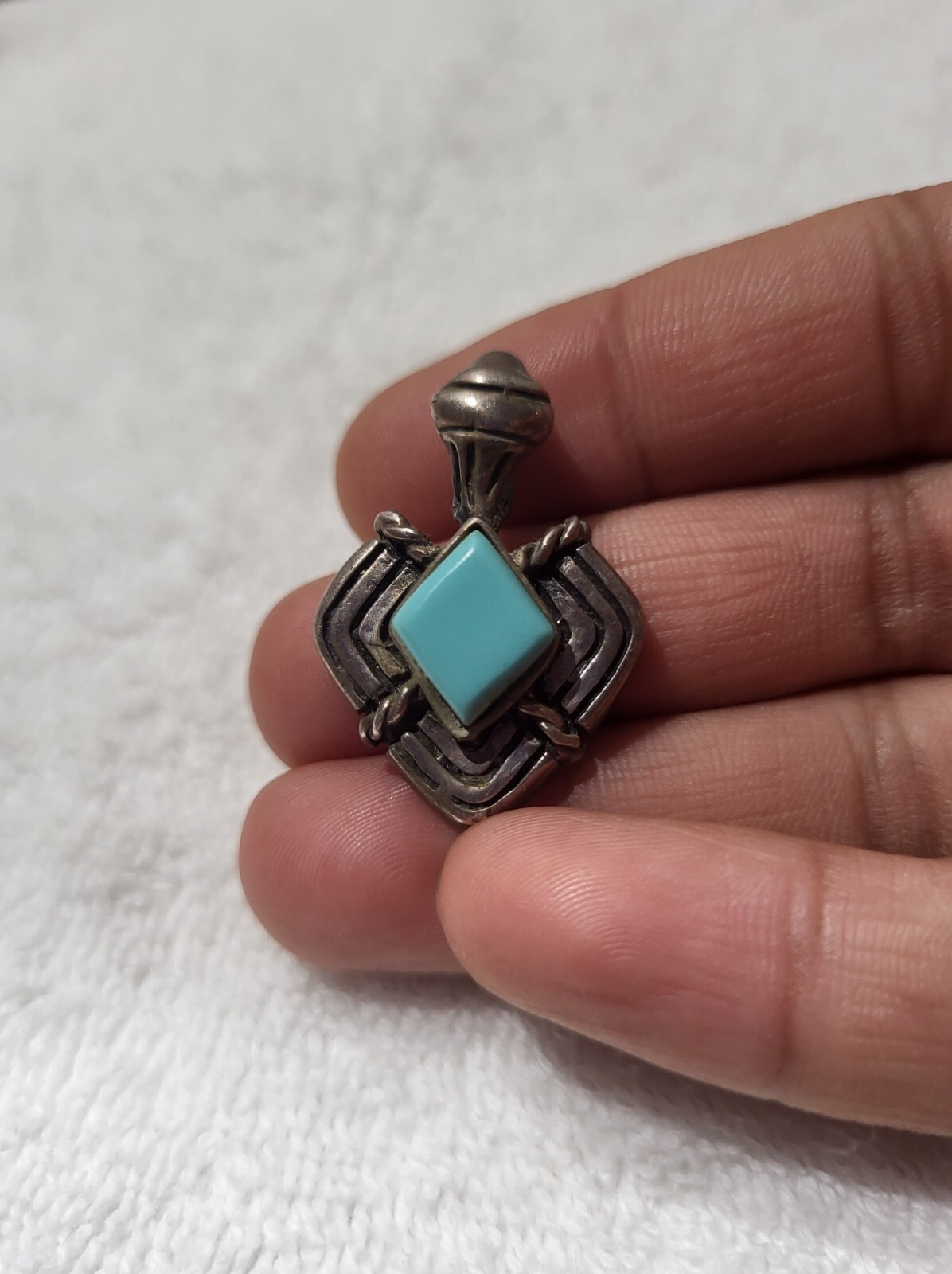 Vtg MEX 925 Sterling Silver Rare Design Twisted Rope Diamond turquoise Pendant