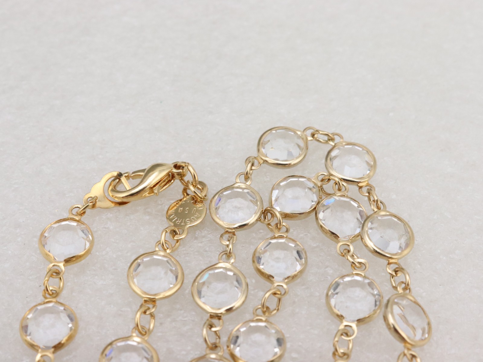 34″ Long 9mm Clear Crystal Bezel Rhinestone Necklace Signed AUSTRIAN USA Gold Tn