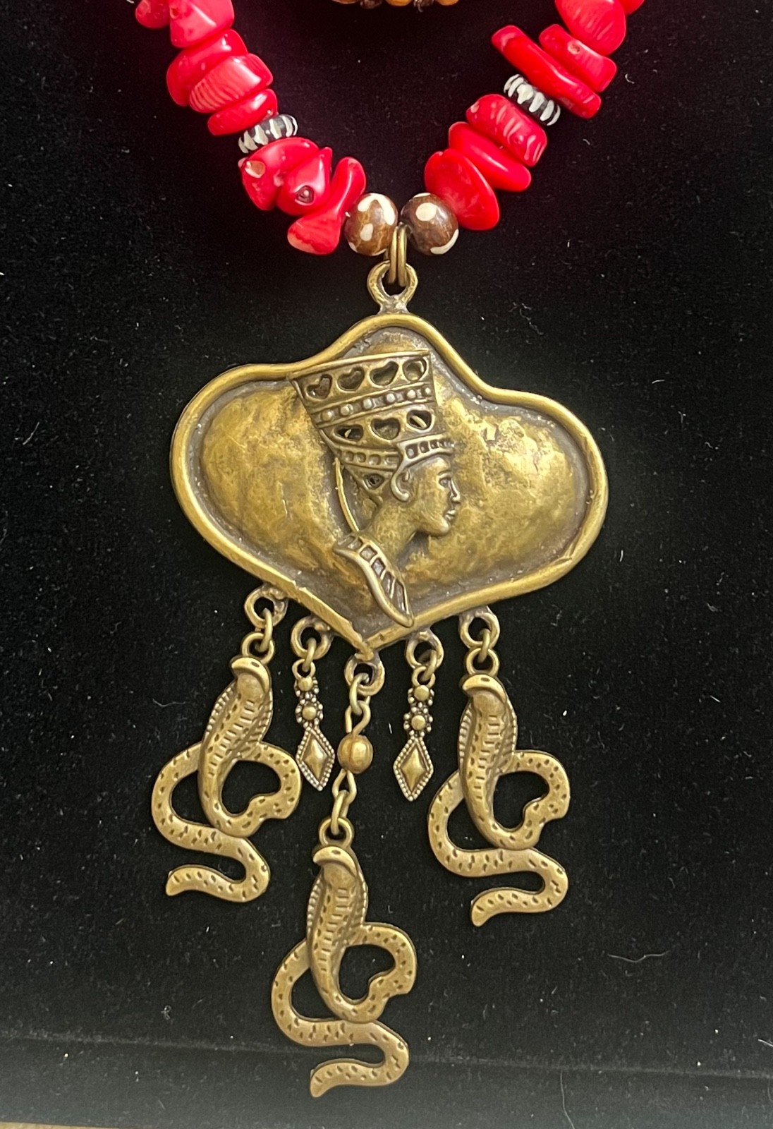 Artisan Necklace Egyptian Revival Nefertiti Pendant Red Coral Beads Cobra Detail
