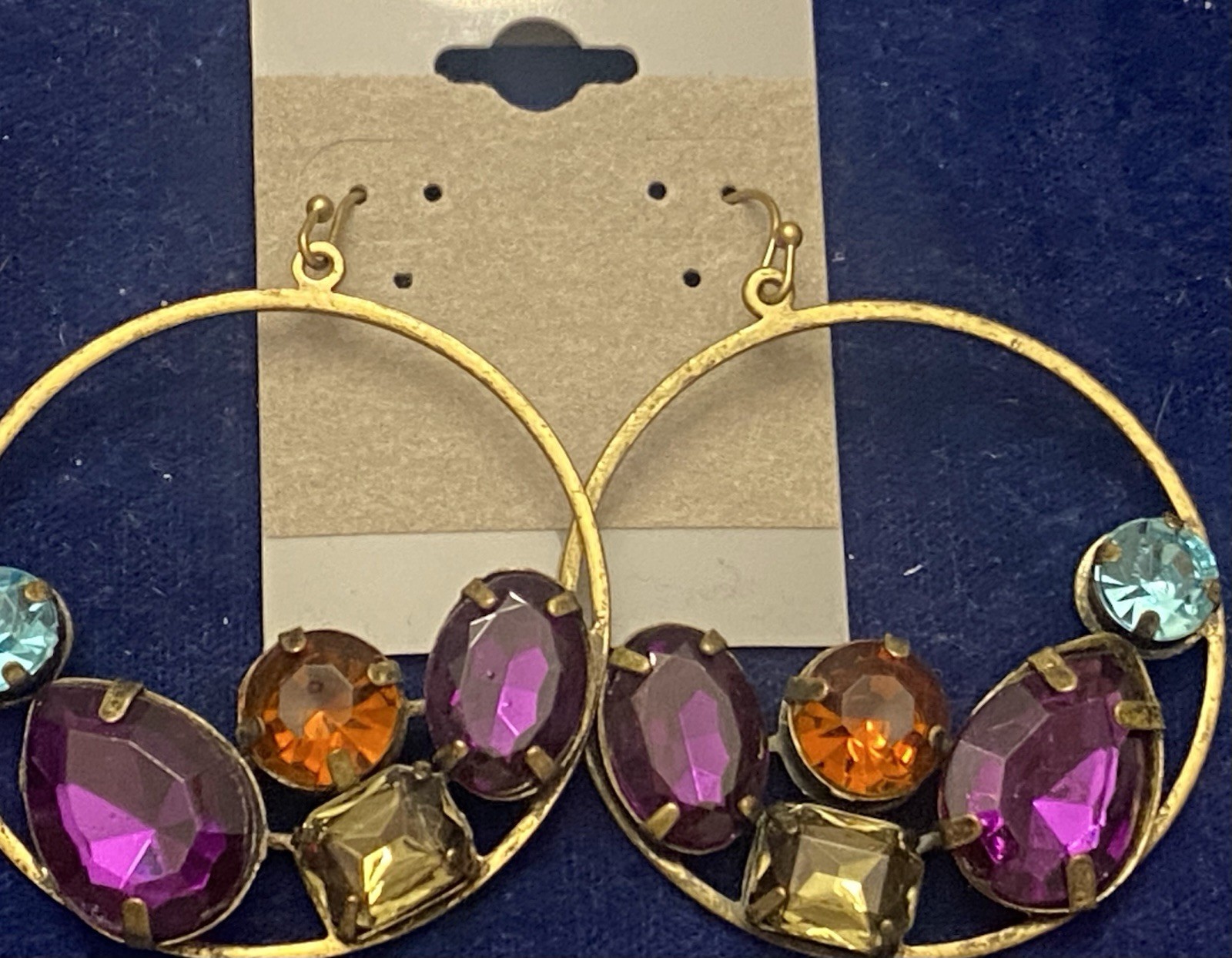 Vintage Gold Tone Drop Dangle Multicolor Big Sparkling Faux Prong Gemstones