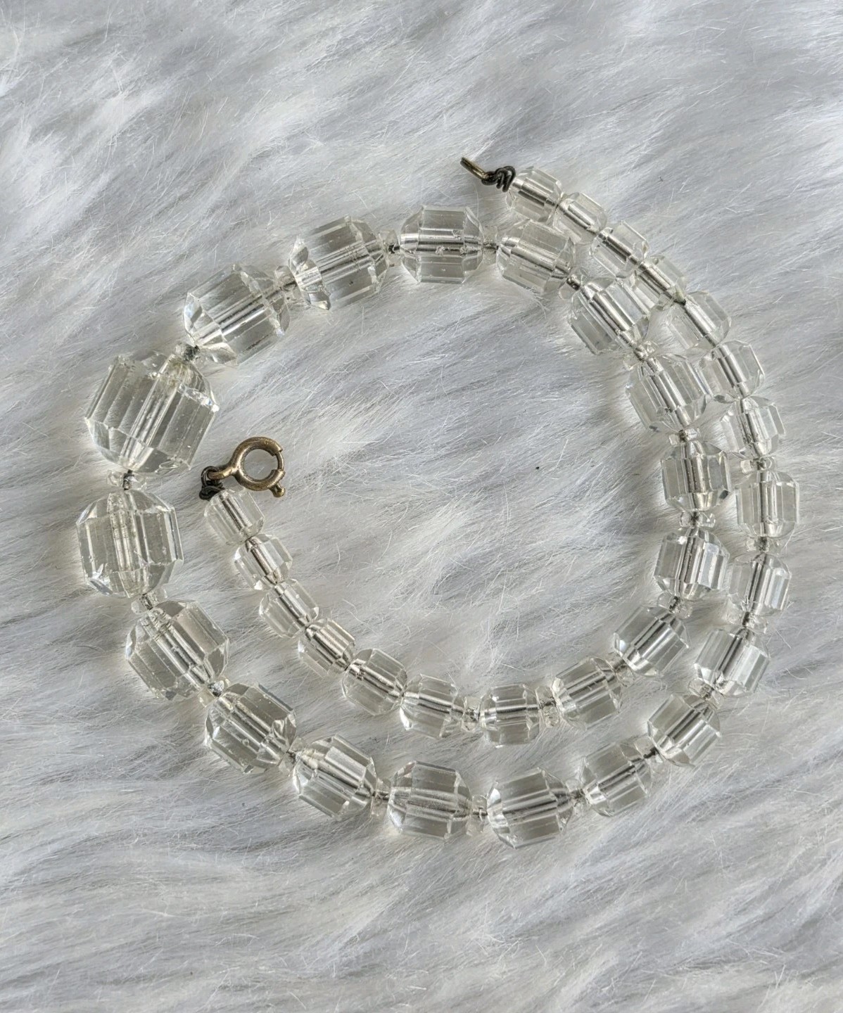 Vintage Clear Faceted Crystal Glass Cube Cut Bead Necklace Art Deco Style 15”