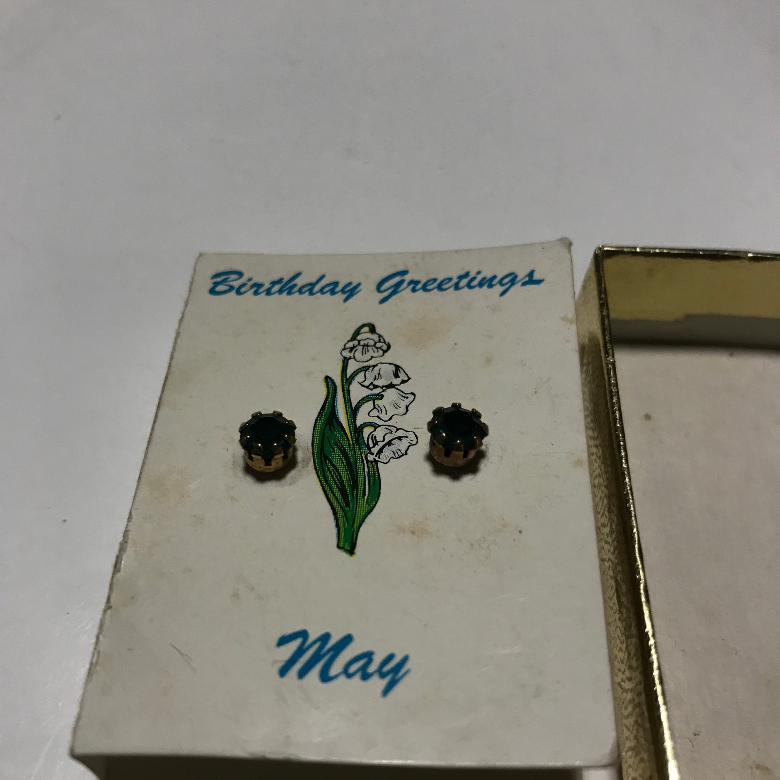 Vintage Gold Tone Earrings May Simulated Emerald Birthstone w/Gift Box! NOS NOI