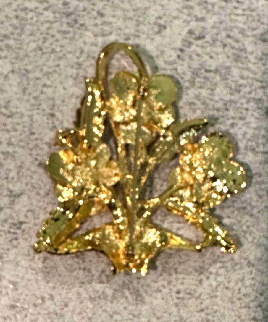 Vintage Guilloche Gold Tone & Enamel Basket of Pansy Flowers Pin Brooch Crystal