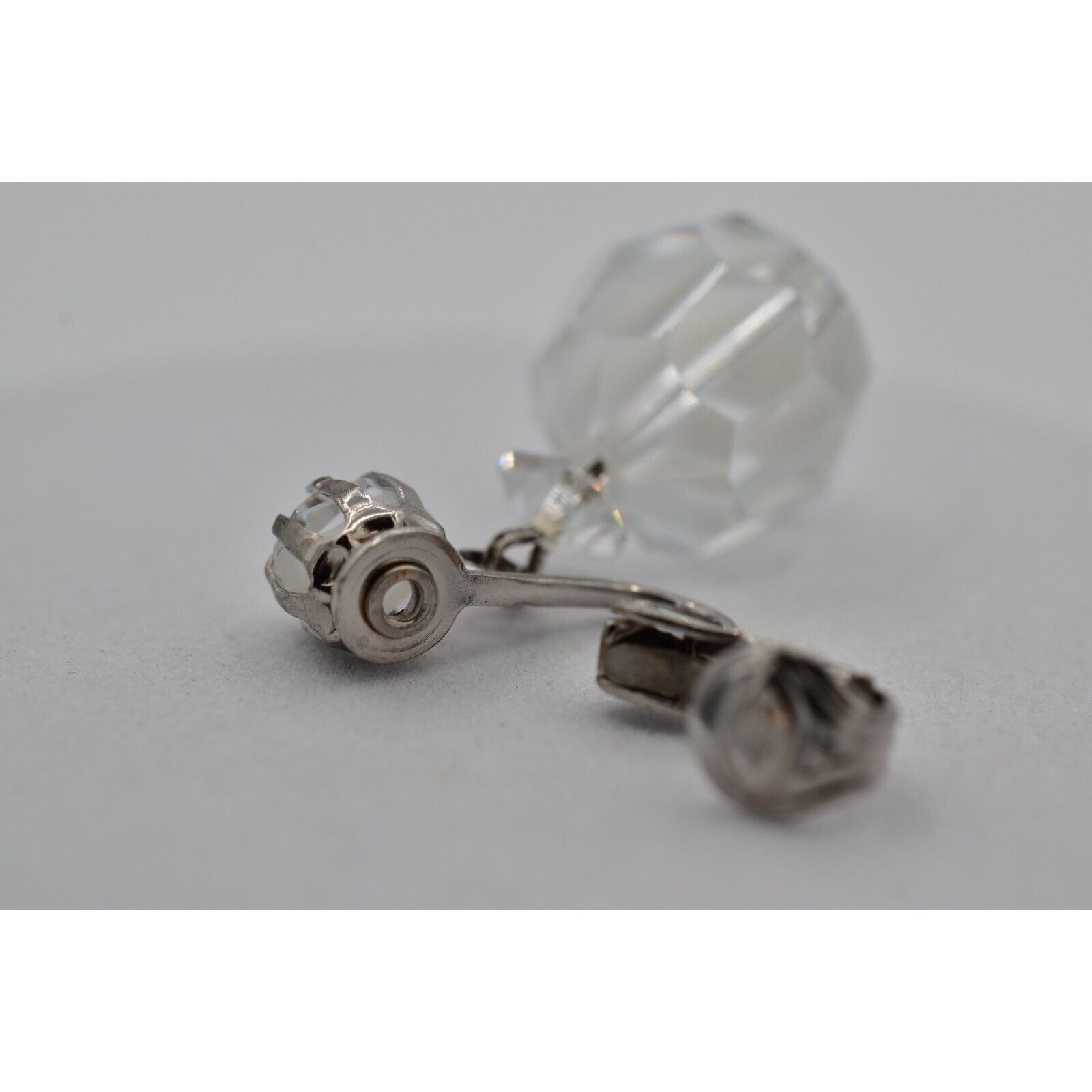 Vintage Crystal Clip On Earrings Silver Dangle Clear Ball Drop Glam 1950s A24