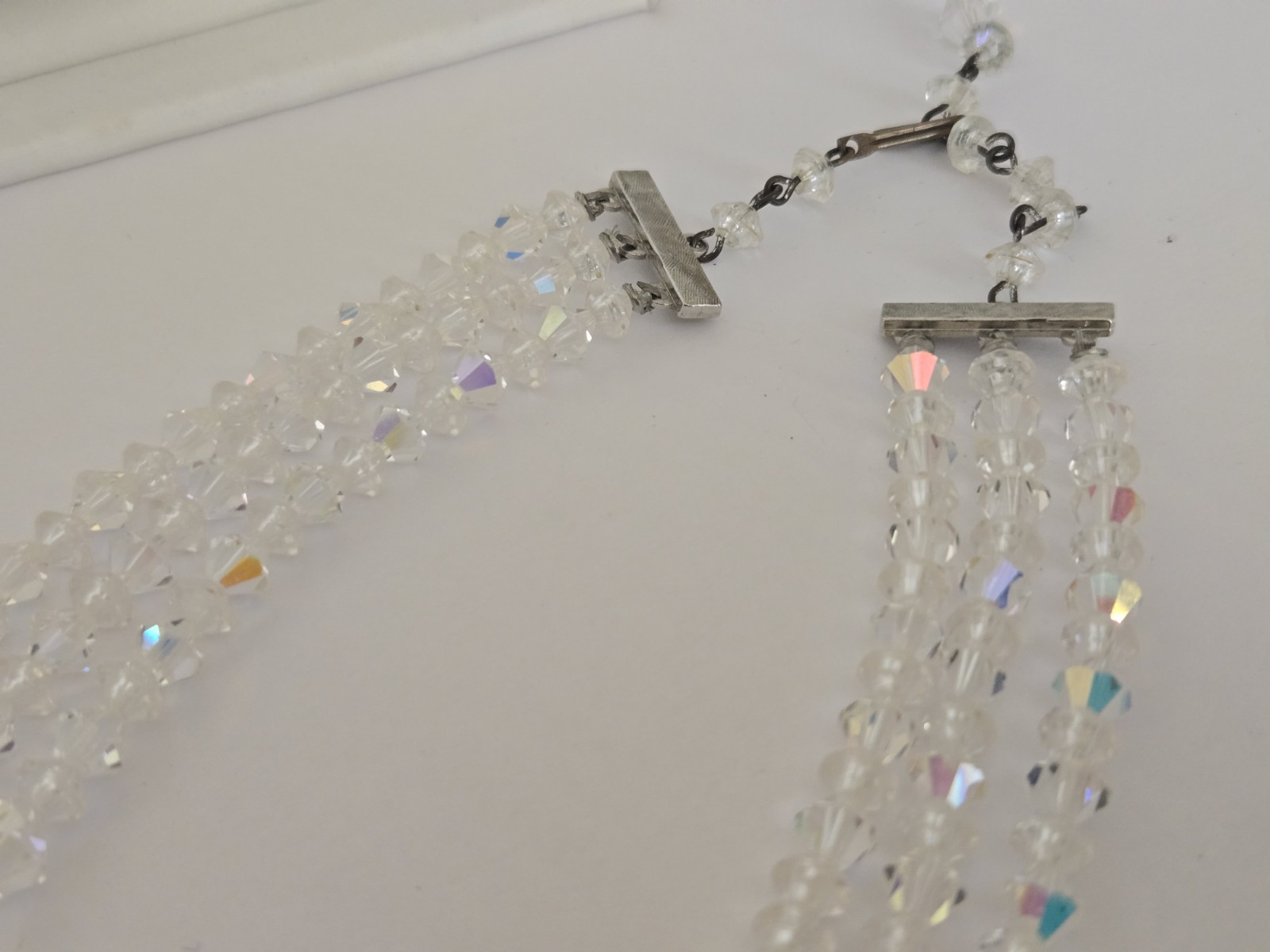 VTG 3 Strand Faceted Bicone Aurora Borealis Crystal Graduated Choker Necklace