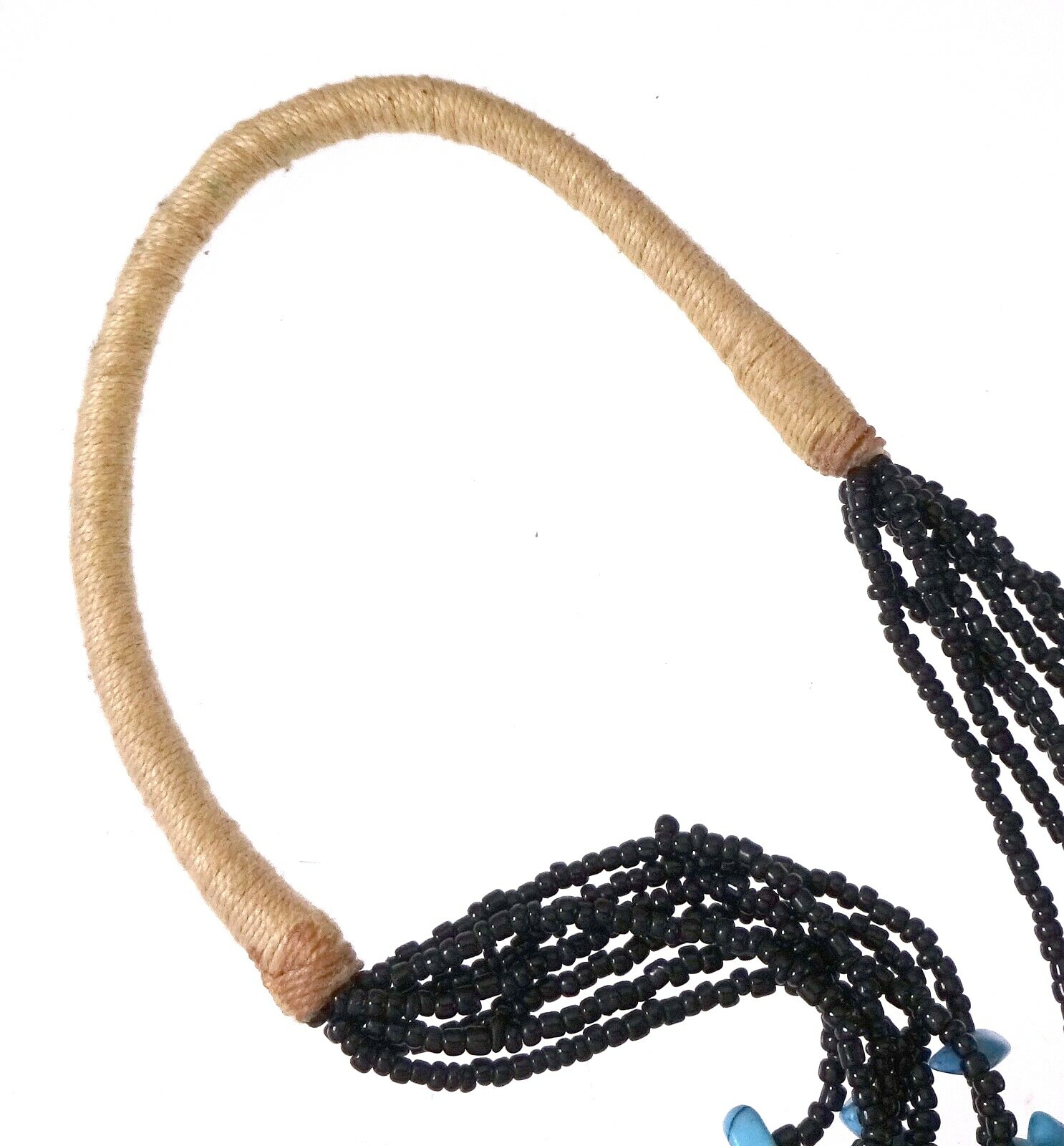 Vintage Multi Strand Turquoise & Black Glass Seed Bead Squaw Wrap Necklace