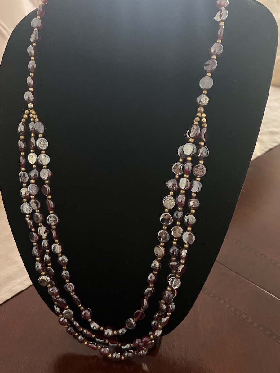Vintage Red Garnet Iridescent Glass Gold Beaded Triple Layered 30” Bib Necklace