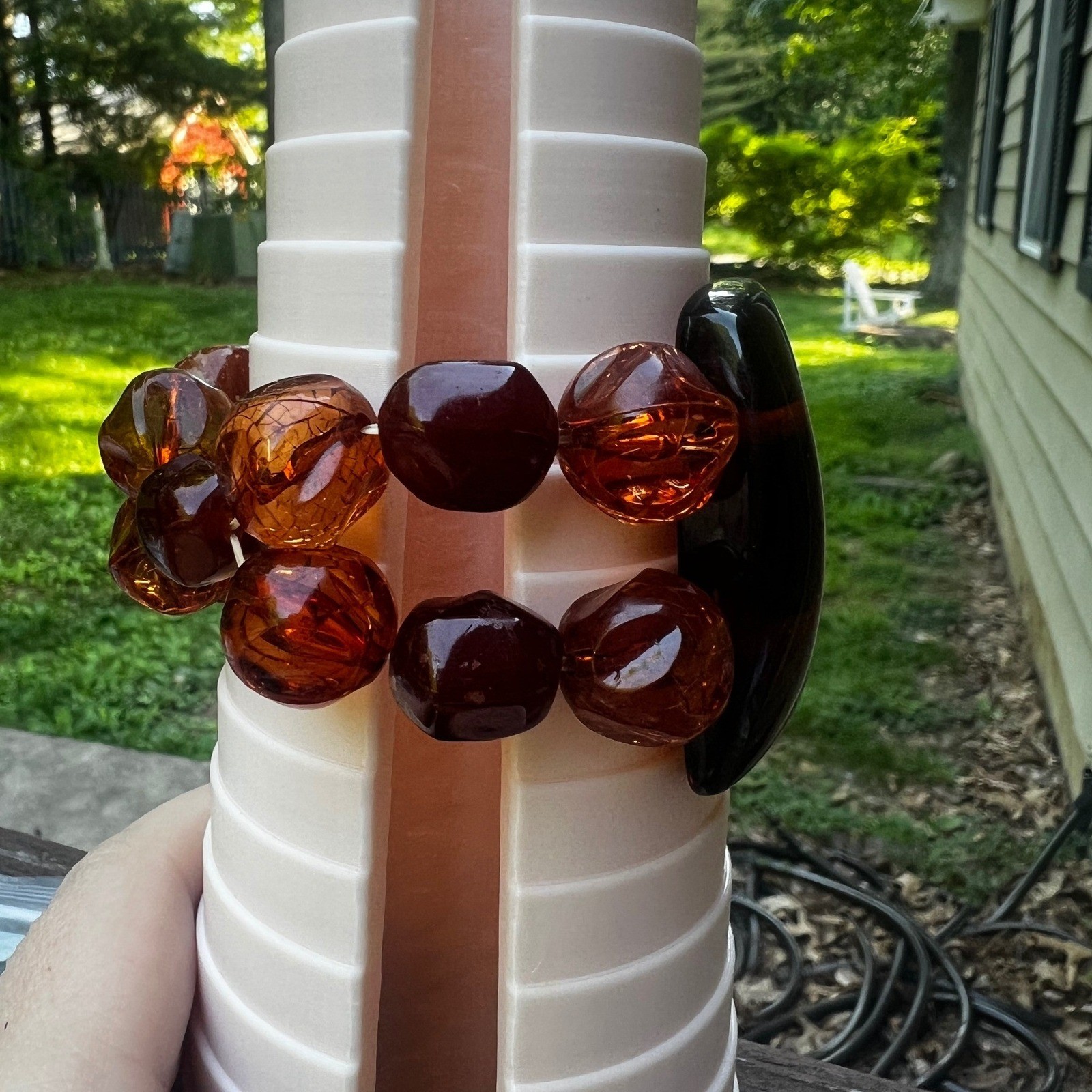 Vtg Chunky Faux Amber Resin Stretch Bracelet Congnac Brown Lucite Acrylic