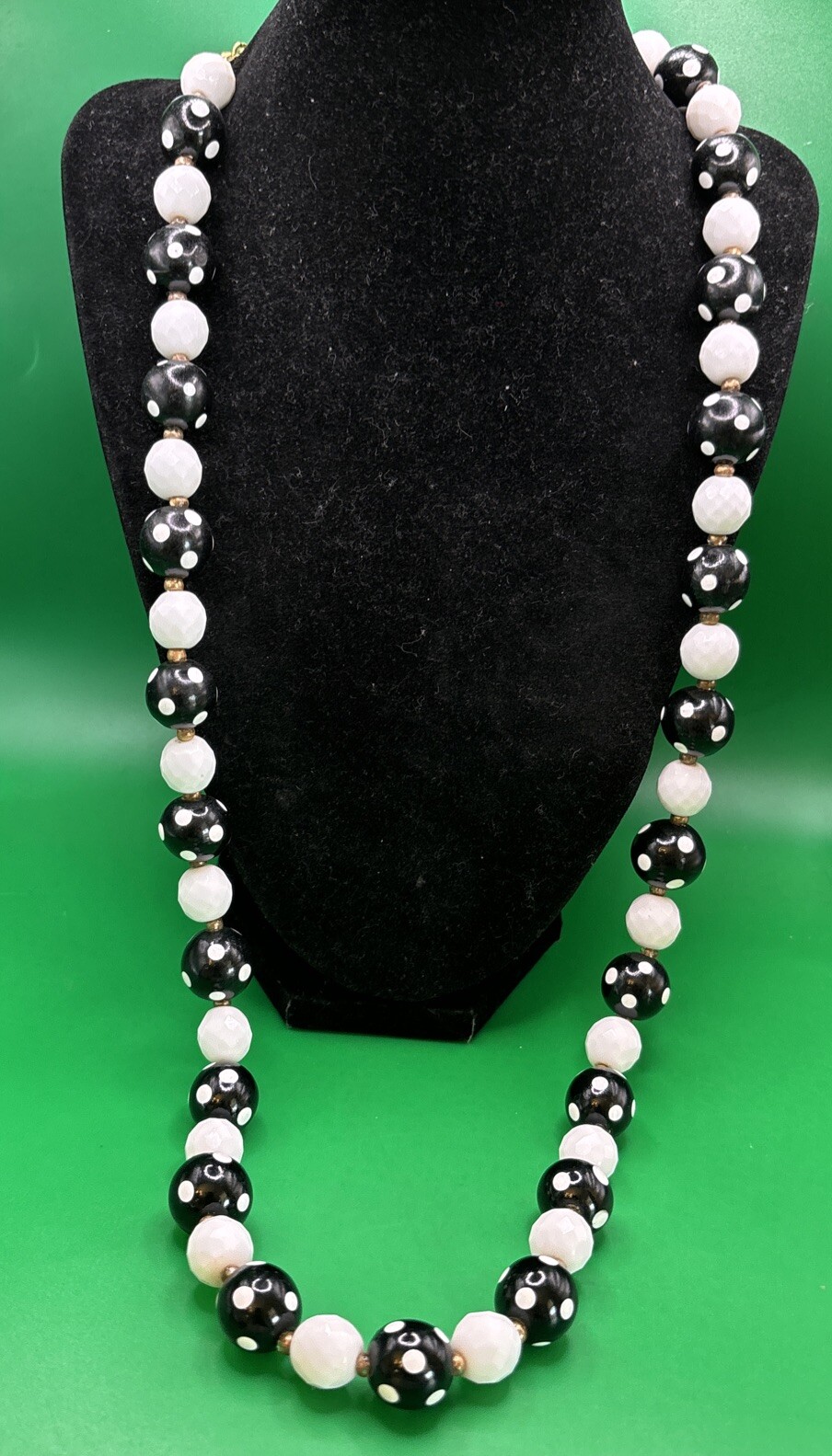 Vintage Signed Joan Rivers White Black Polka Dot Necklace 30-33”