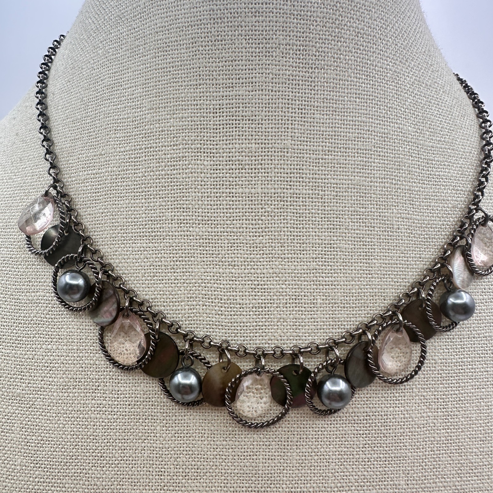 VTG Gunmetal Faux Tahitian Pearl Rose Quartz Choker Bib Necklace Charm Fringe