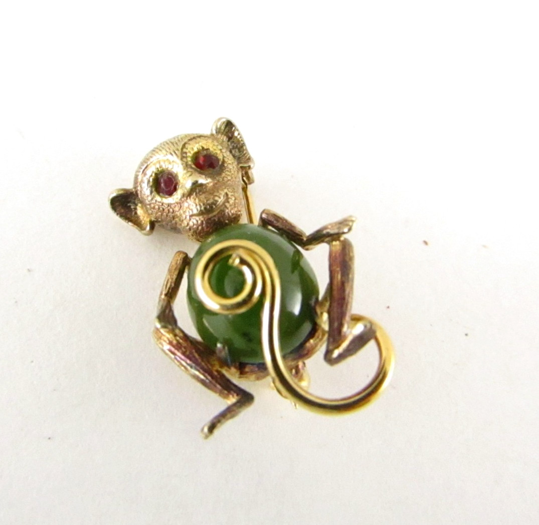 Vintage Estate AC Sterling Silver & Nephrite Jade Brooch Pin Monkey 1”